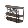 3-tier wine bar cabinet in brown with storage shelves, glass holders for 8 glasses, and built-in charging station.