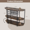 3-tier wine bar cabinet with brown wood finish, featuring glass holders, storage for 21 bottles, and built-in charging.