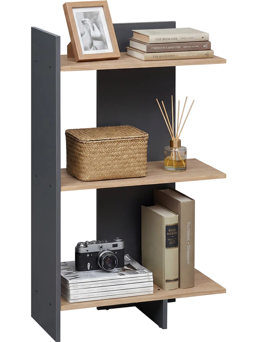 3-tier wooden bookshelf in oak with anti-tipping kit, ideal for living rooms and home offices, showcasing organized.