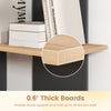 Close-up of the 0.6" thick oak shelf of the 3-tier wooden bookshelf, supporting up to 66 lbs for stable storage.