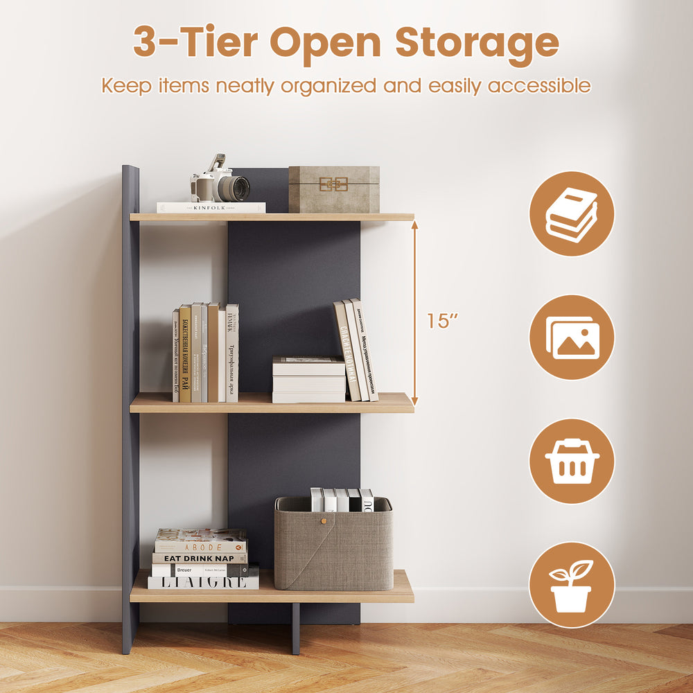 3-tier wooden bookshelf in oak with 15" shelf spacing, anti-tipping kit, ideal for home office or living room.