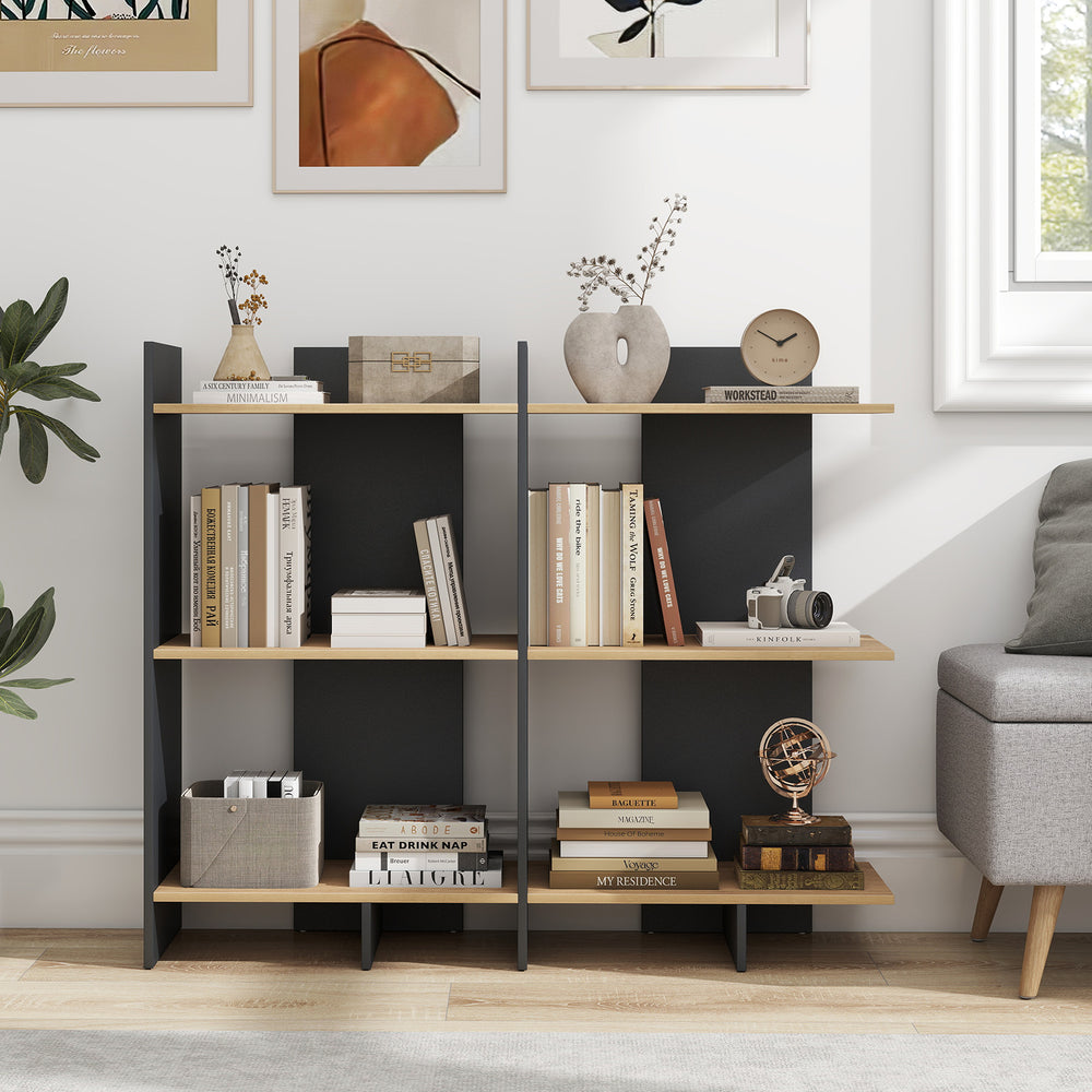 3-tier wooden bookshelf in oak with anti-tipping kit, featuring spacious shelves for organized storage in any room.