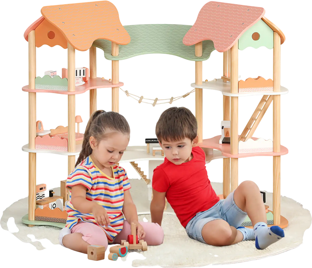 Colorful 3-tier wooden dollhouse with 32 accessories, designed for kids aged 3-8, promoting creativity and safe play.