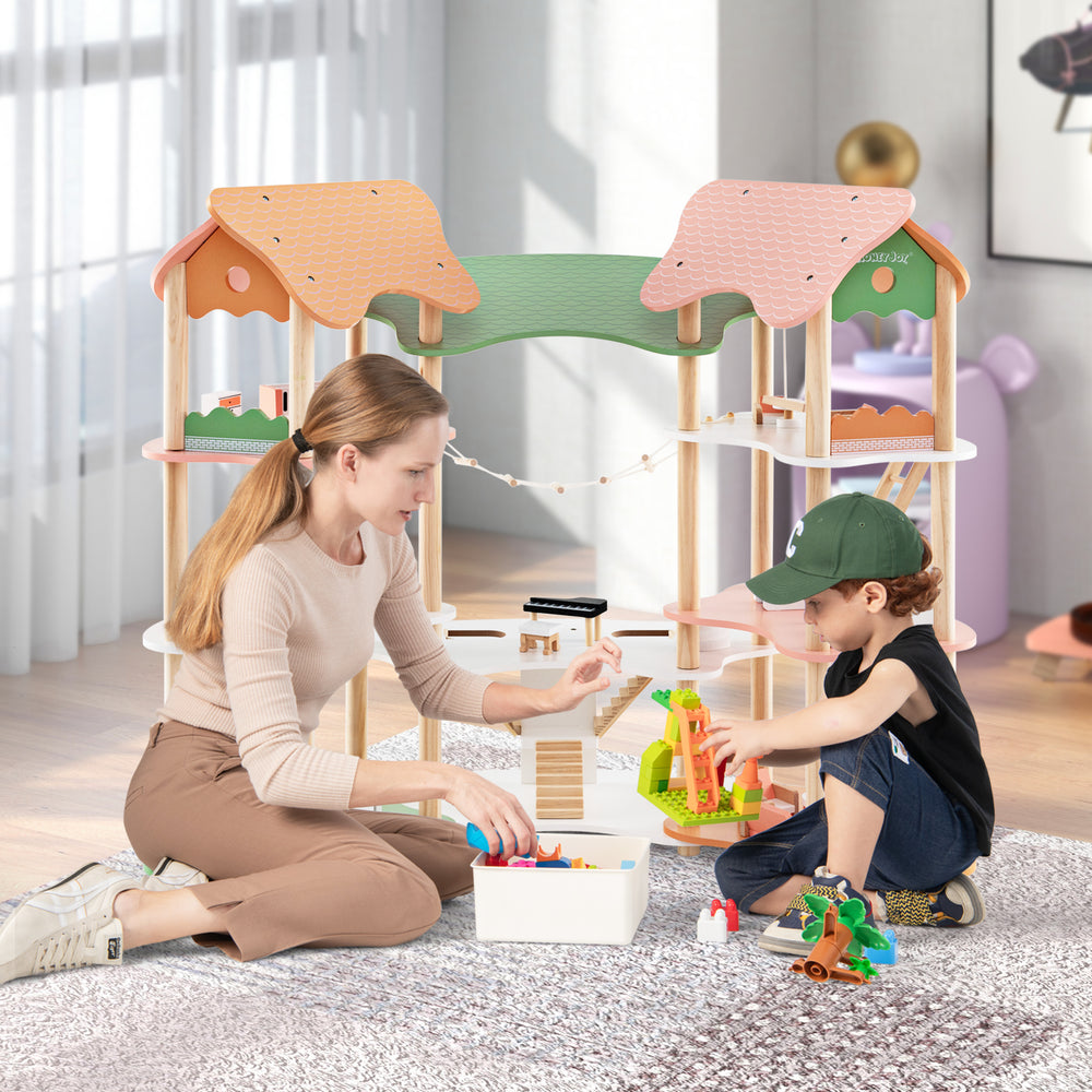 3-tier wooden dollhouse with multicolor design, featuring 32 accessories for imaginative play in a safe environment.