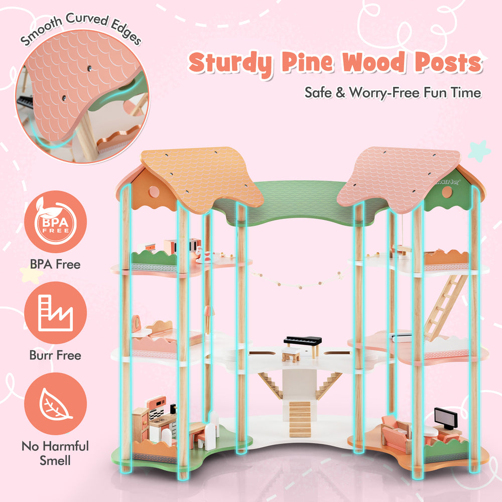 3-tier wooden dollhouse with sturdy pine wood posts, 32 accessories, and smooth edges for safe play in multicolor.