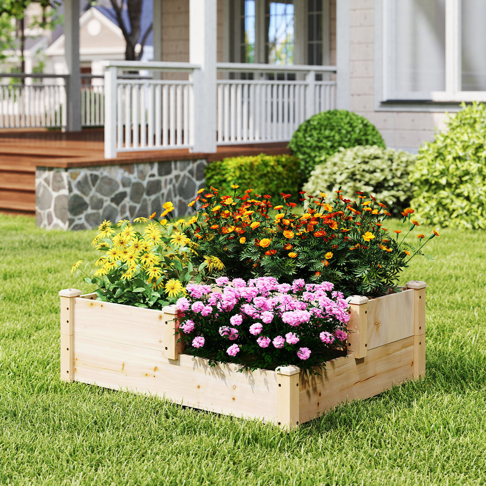3-tier wooden raised garden bed in natural finish, featuring vibrant flowers, ideal for gardens and patios.