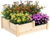 3-tier wooden raised garden bed in natural finish, featuring vibrant flowers and an open-ended base for healthy plant.