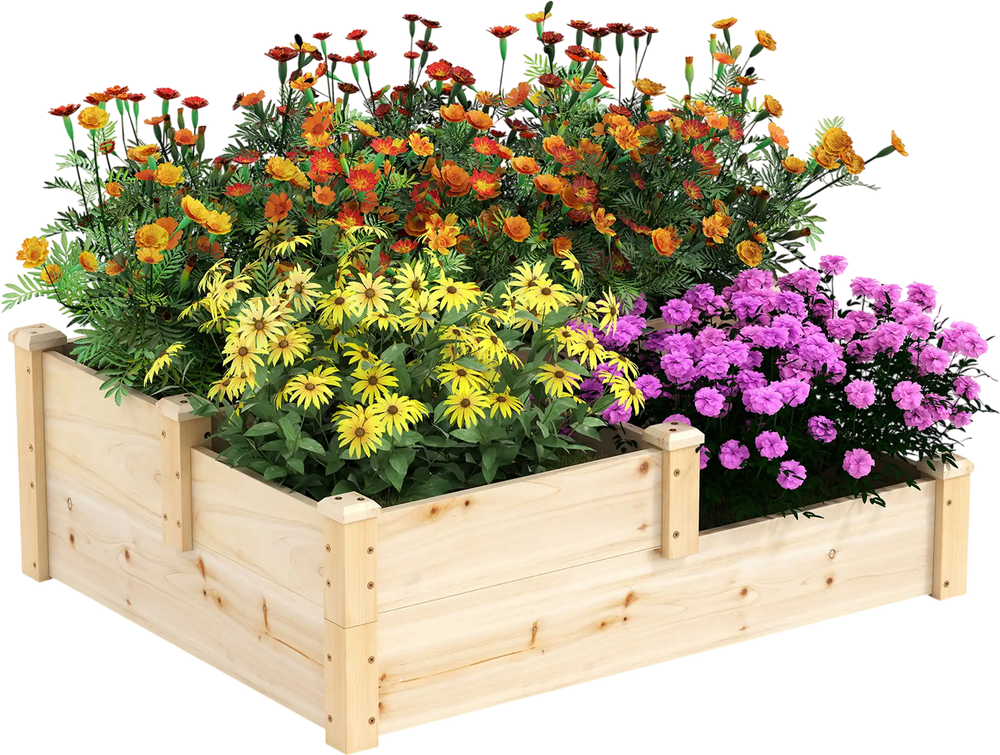 3-tier wooden raised garden bed in natural finish, featuring vibrant flowers and an open-ended base for healthy plant.