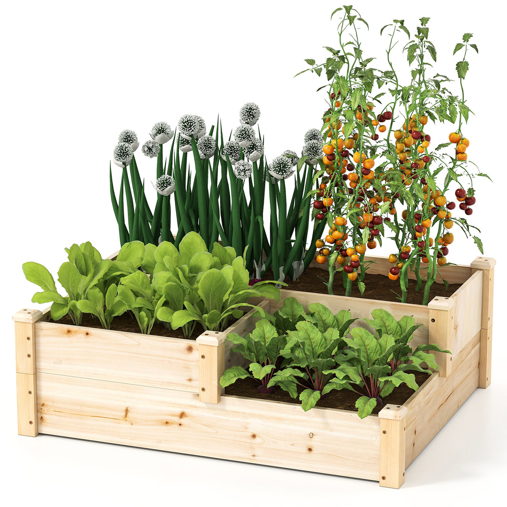 3-tier wooden raised garden bed in natural finish, featuring various plants for optimal sunlight exposure and drainage.