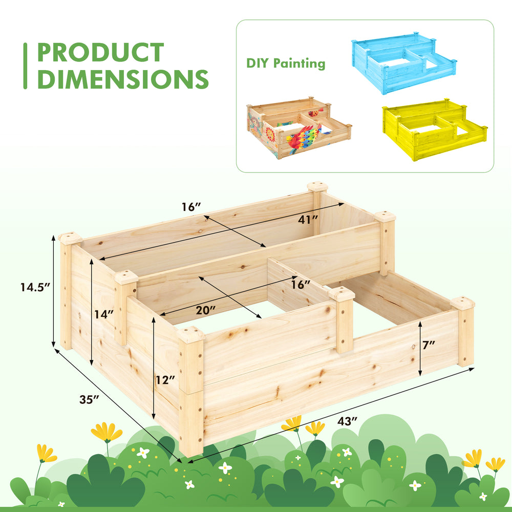 3-tier wooden raised garden bed with open-ended base, crafted from fir wood, ideal for various plants in any outdoor.