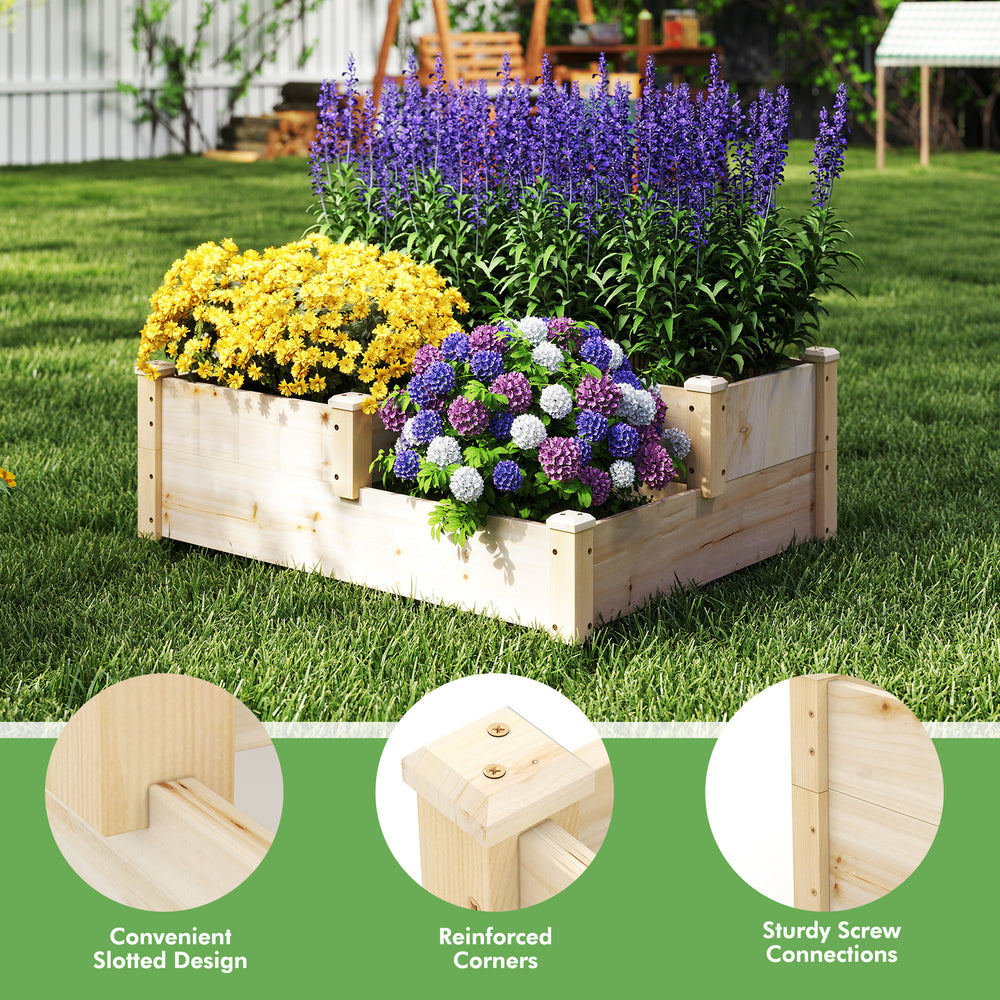 Three-tier wooden raised garden bed made of fir wood, featuring reinforced corners and an open-ended base for healthy.