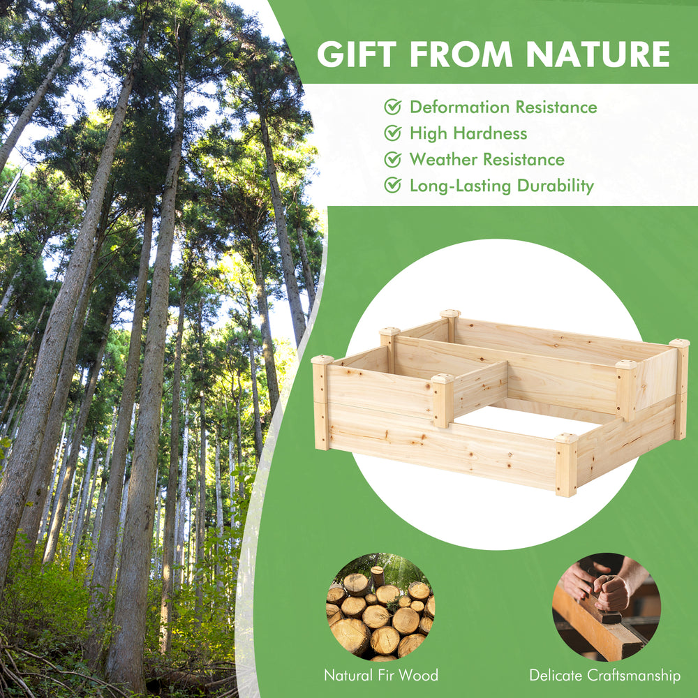 3-tier wooden raised garden bed made of natural fir wood, designed for healthy plant growth in various outdoor spaces.