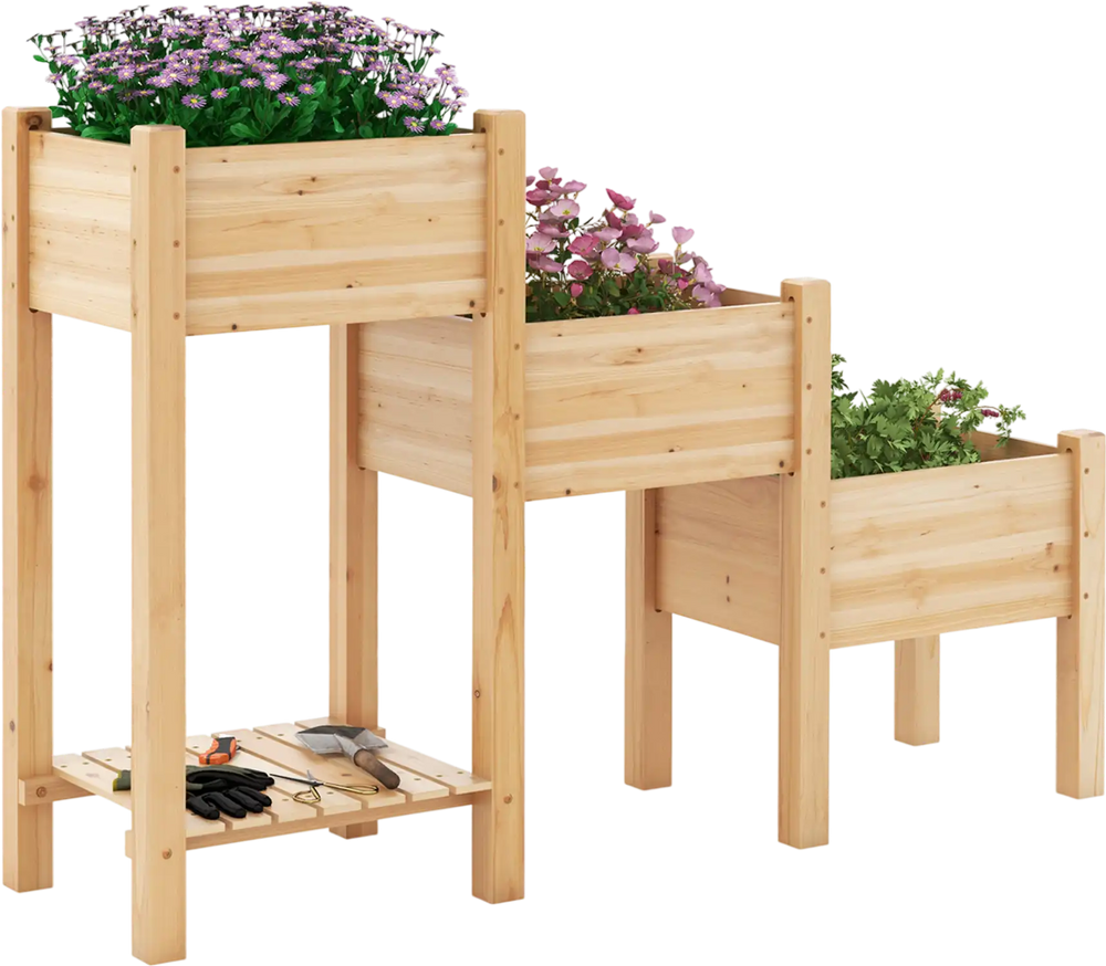 3-tier wooden raised garden bed with natural fir wood, featuring planter boxes and an open storage shelf for gardening.