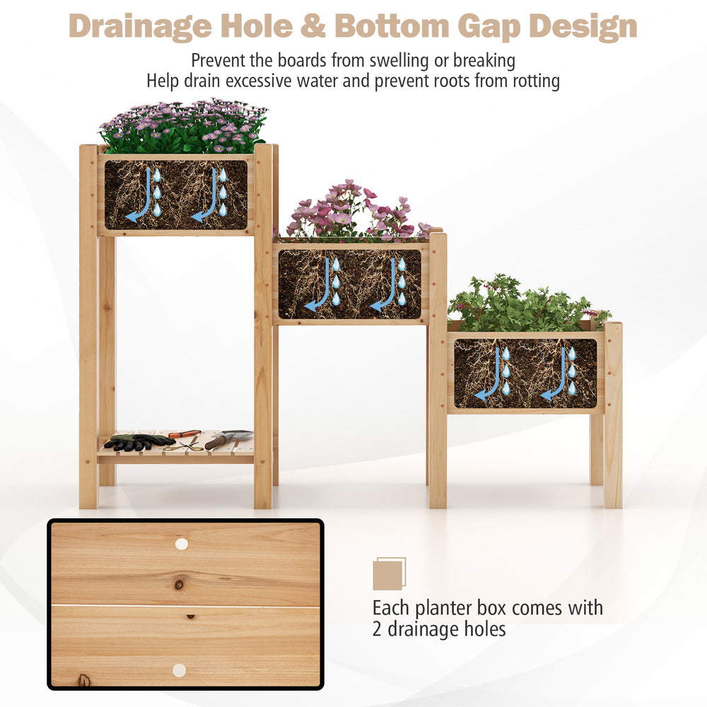 3-tier wooden raised garden bed made of natural fir wood, featuring drainage holes and open storage shelf for easy.