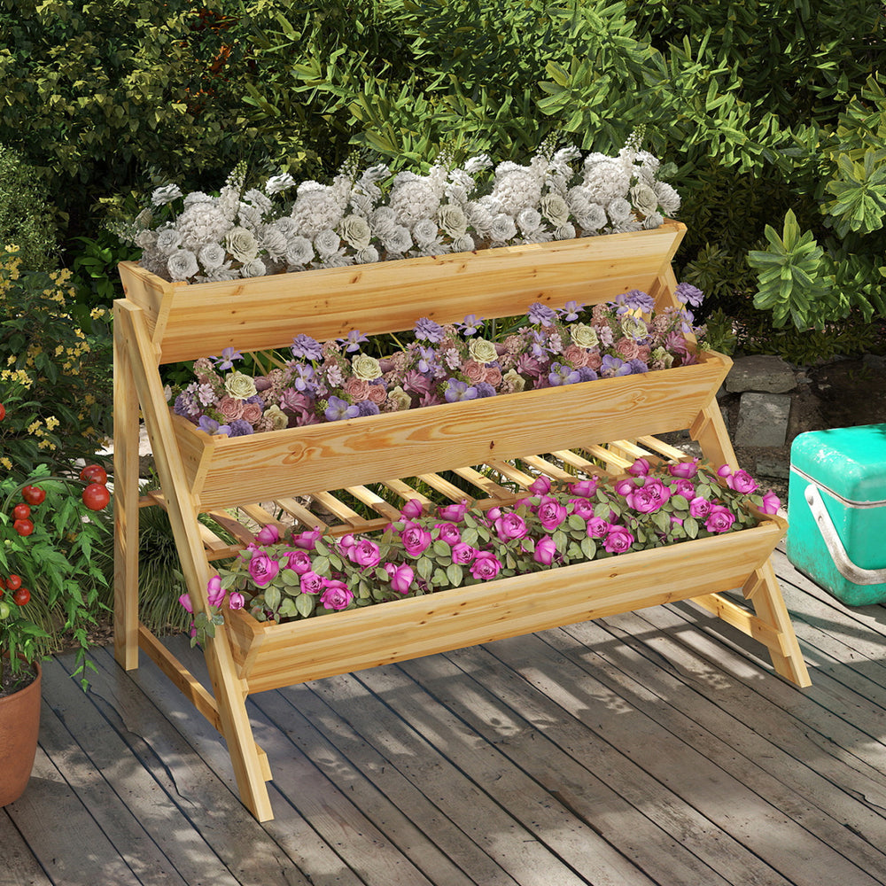 Three-tier wooden vertical raised garden bed with storage shelf, made of fir wood, ideal for flowers and herbs in.