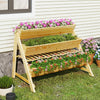 Three-tier wooden vertical raised garden bed with storage shelf, made of fir wood, ideal for flowers and herbs outdoors.