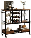 Rustic brown 3-tier bar cart on wheels with glass racks, holding wine bottles and glasses, ideal for home bar or.