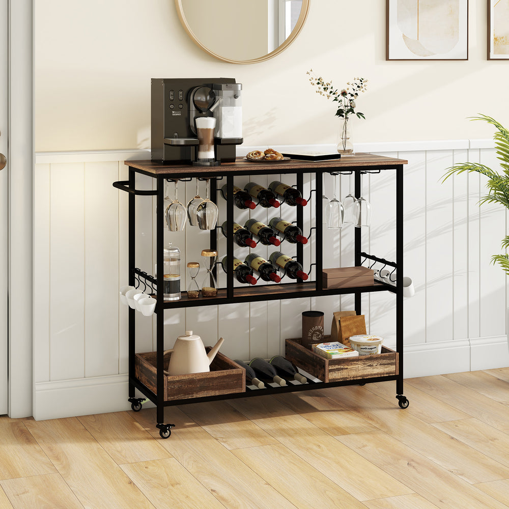 3 Tiers Bar Cart on Wheels with Glass Racks-Brown - Gallery View 1 of 10
