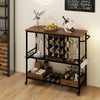 Rustic brown 3-tier bar cart on wheels with glass racks, holding wine bottles and glasses, ideal for home bar storage.
