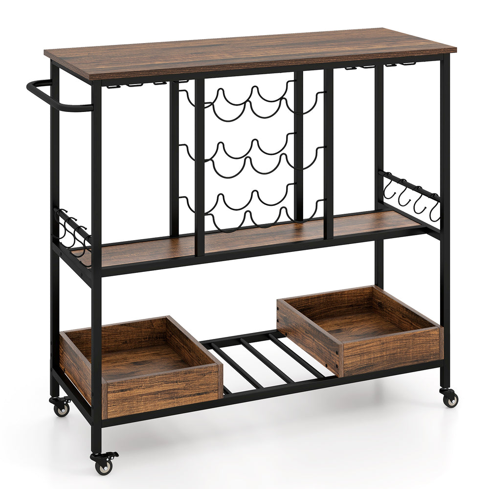 Rustic brown 3-tier bar cart on wheels with glass racks, wine bottle holders, and storage boxes for versatile use.