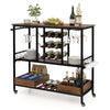 Rustic brown 3-tier bar cart on wheels showcasing a sturdy metal frame, side hooks, and bottom storage boxes for.