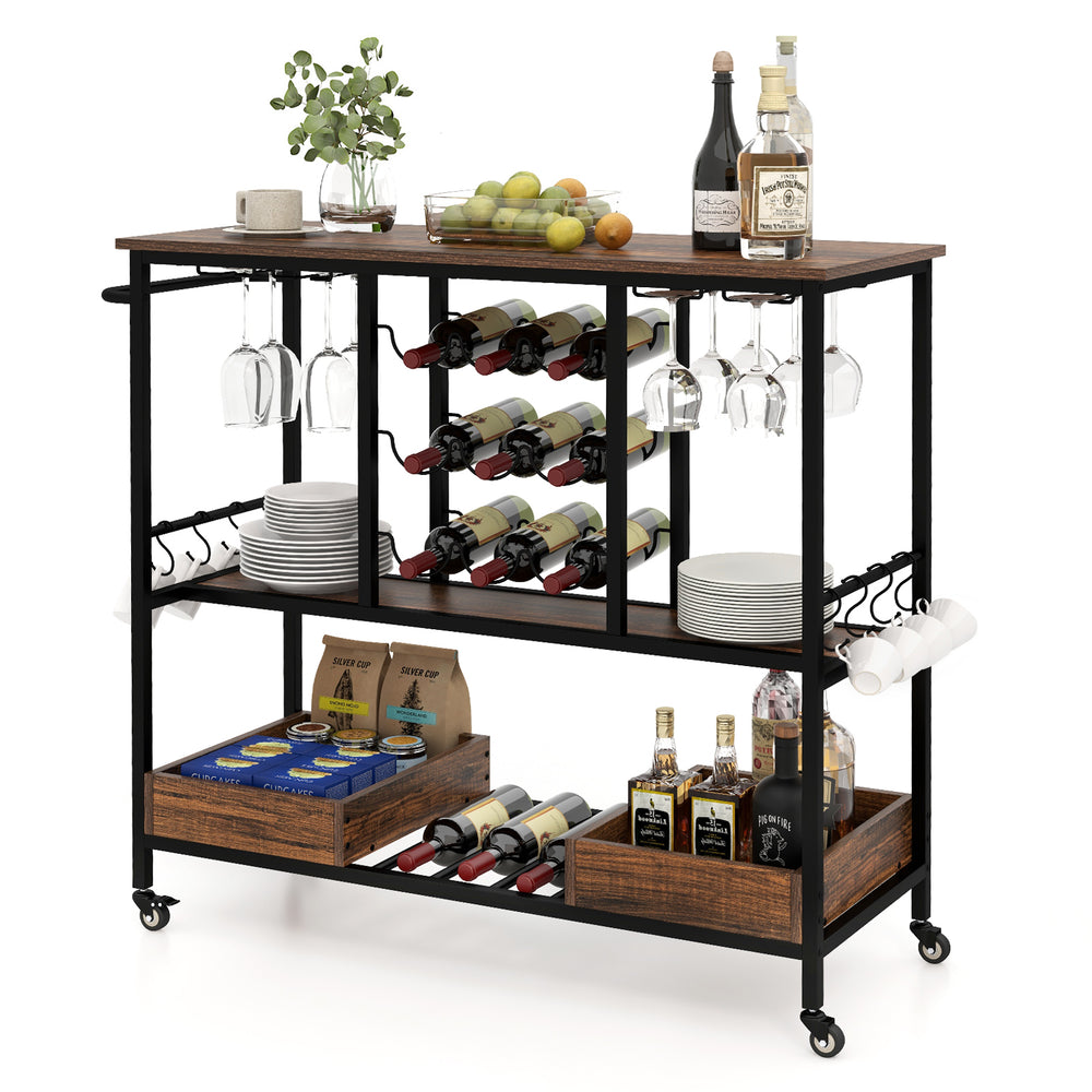 Rustic brown 3-tier bar cart on wheels showcasing a sturdy metal frame, side hooks, and bottom storage boxes for.
