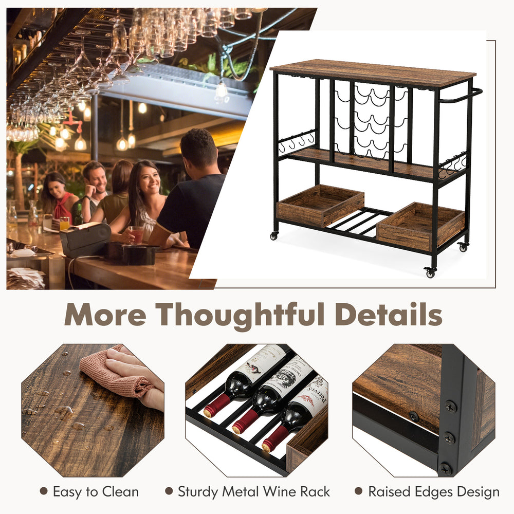 Rustic brown 3-tier bar cart on wheels with glass racks, holding 9 bottles and 8 glasses, ideal for home bars.