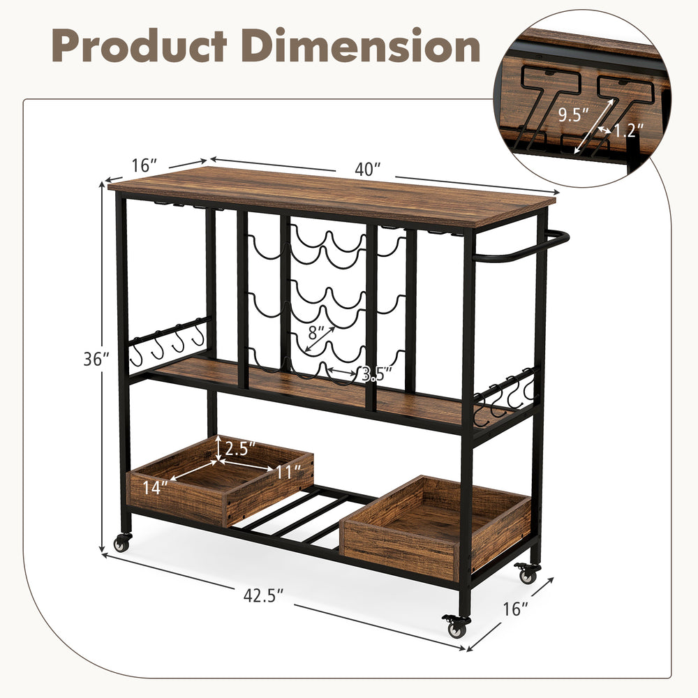 3-tier bar cart on wheels with rustic brown finish, featuring glass racks, wine bottle holders, and storage boxes.