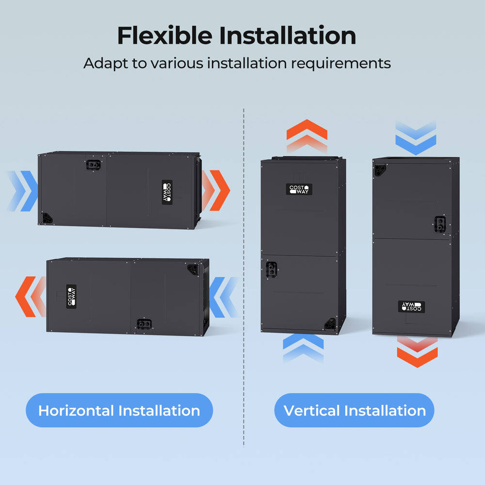 3 Ton 19 SEER2 heat pump system shown in horizontal and vertical installation options for flexible setup.