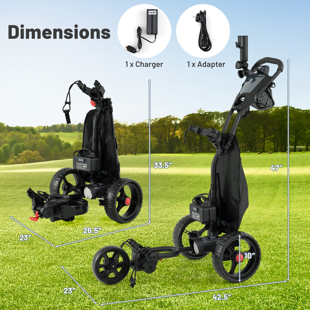 3 Wheel Golf Bag Cart shown in a side view with adjustable handle, anti-slip wheels, and compact foldable design.