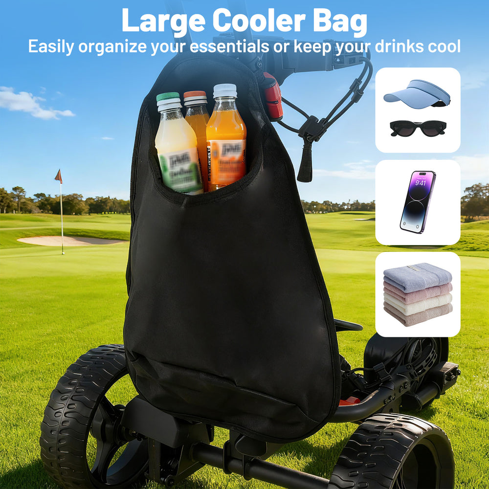 Large cooler bag attached to a 3 wheel golf bag cart, designed to keep drinks cool and essentials organized on the.