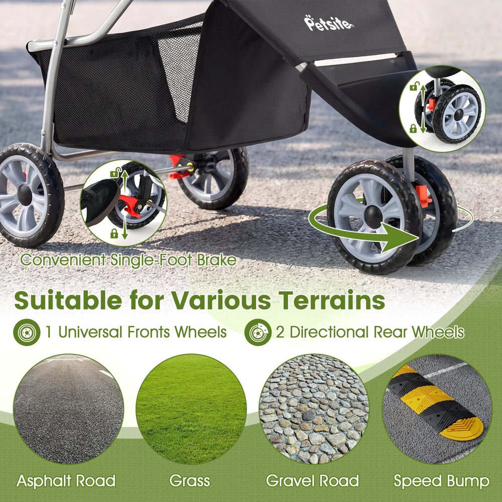 3 Wheel Pet Stroller for small dogs and cats, featuring universal front wheel and directional rear wheels for various.