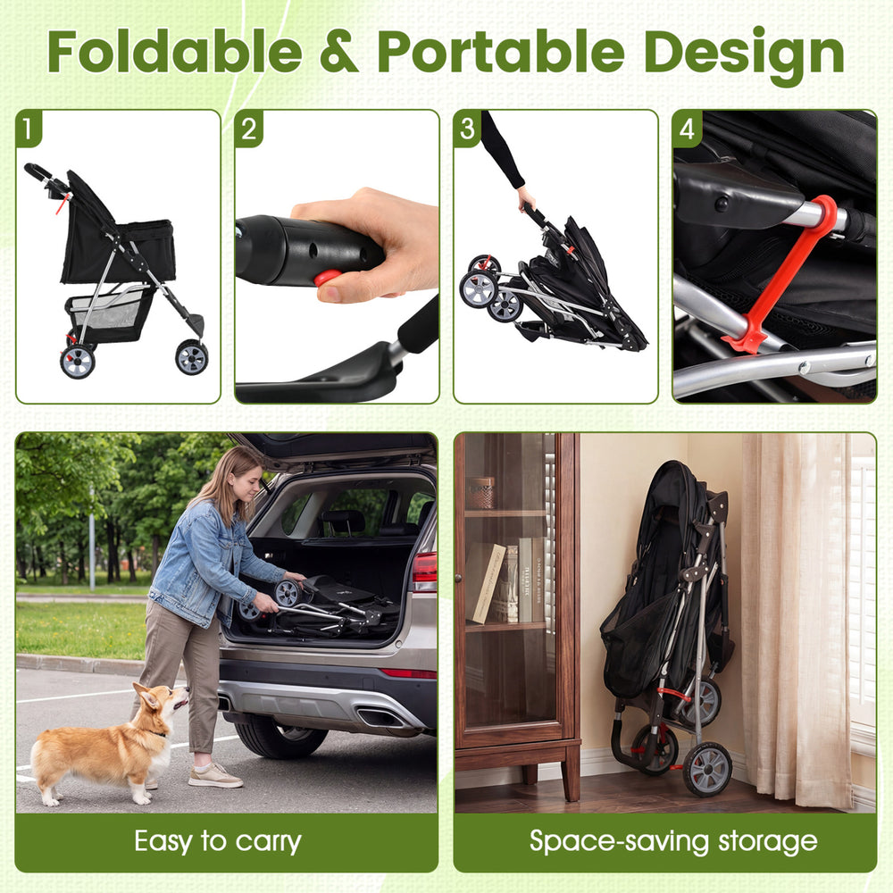 3 Wheel Pet Stroller in black, featuring a foldable design for easy carrying and space-saving storage for small pets.