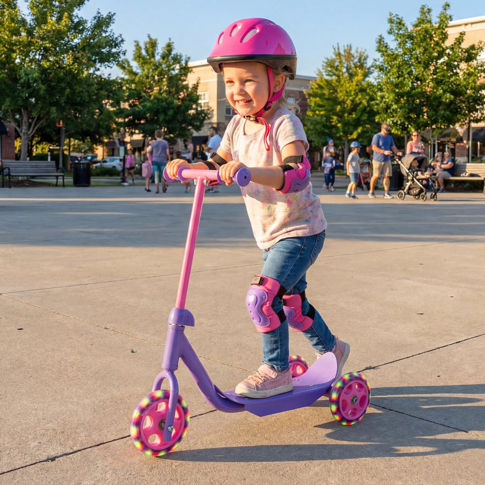 Child riding a purple 3-wheel scooter with LED light-up wheels, designed for stability and safety, perfect for outdoor.