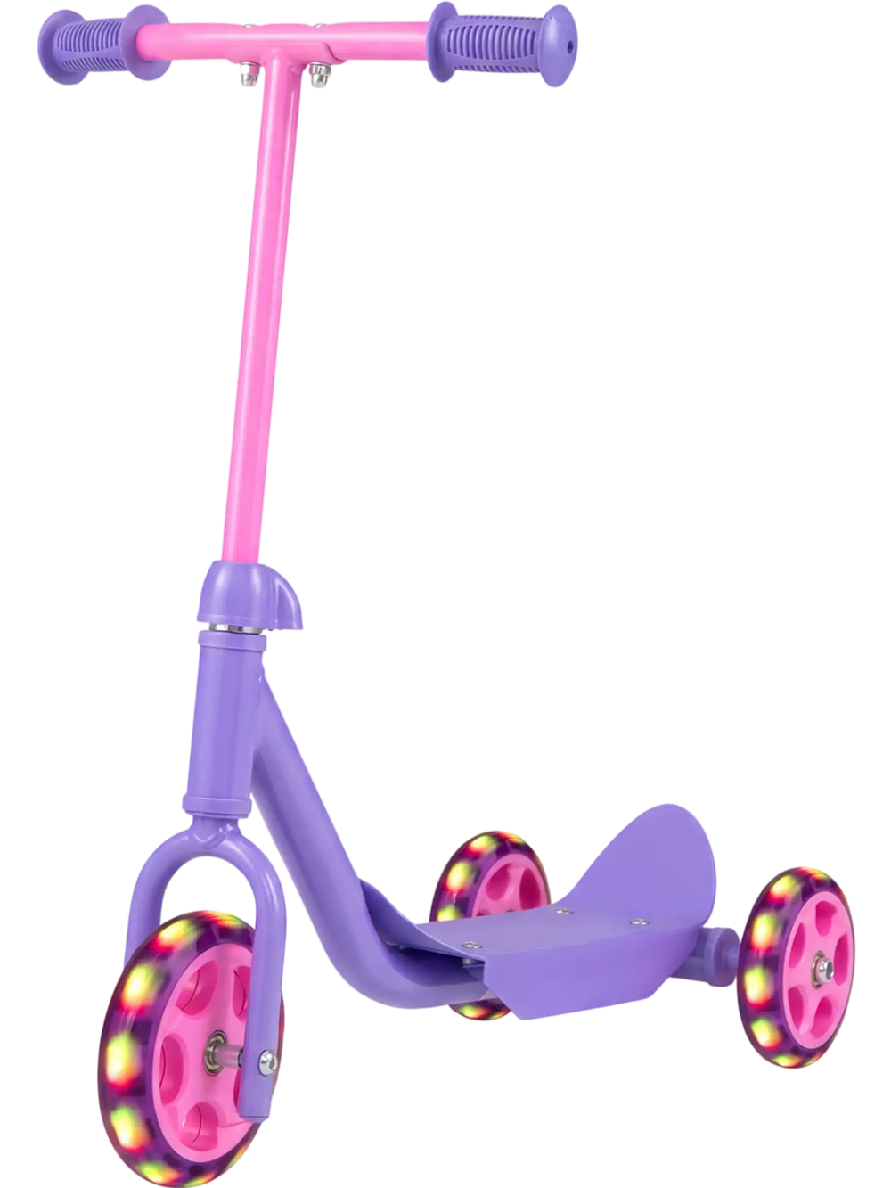 Purple 3-wheel scooter for kids with LED light-up wheels and wide anti-slip deck, perfect for stability and fun rides.
