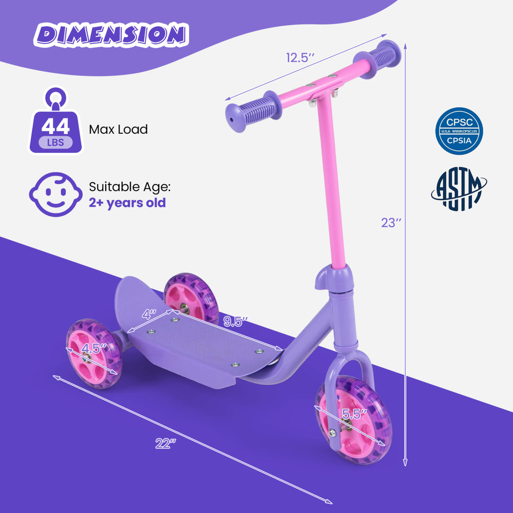 3-wheel purple scooter for kids 2+, featuring LED light-up wheels and wide anti-slip deck for enhanced stability.