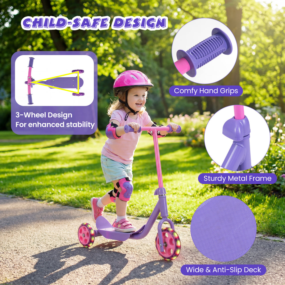 3-wheel purple scooter for kids with LED light-up wheels, sturdy metal frame, and wide anti-slip deck for safety.