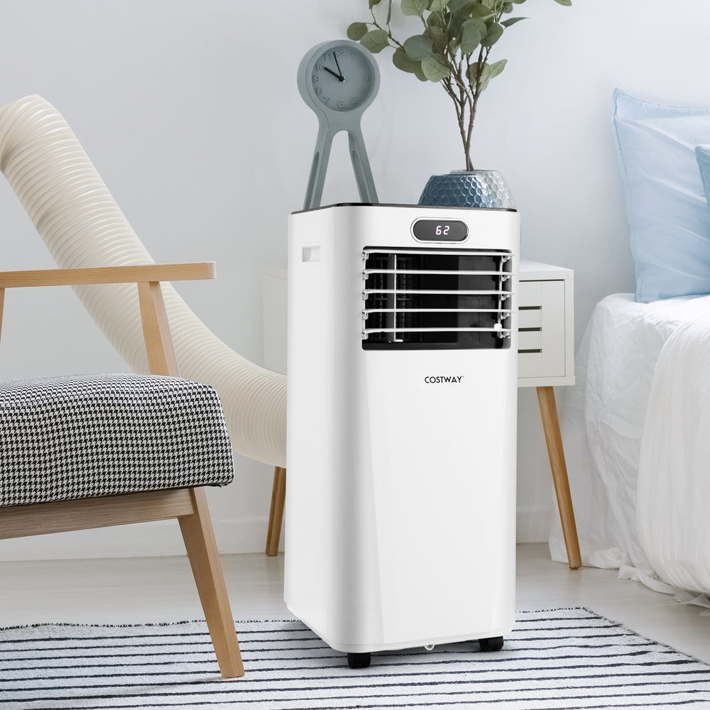Portable 8000BTU air conditioner in white with remote control, ideal for cooling bedrooms or small apartments.