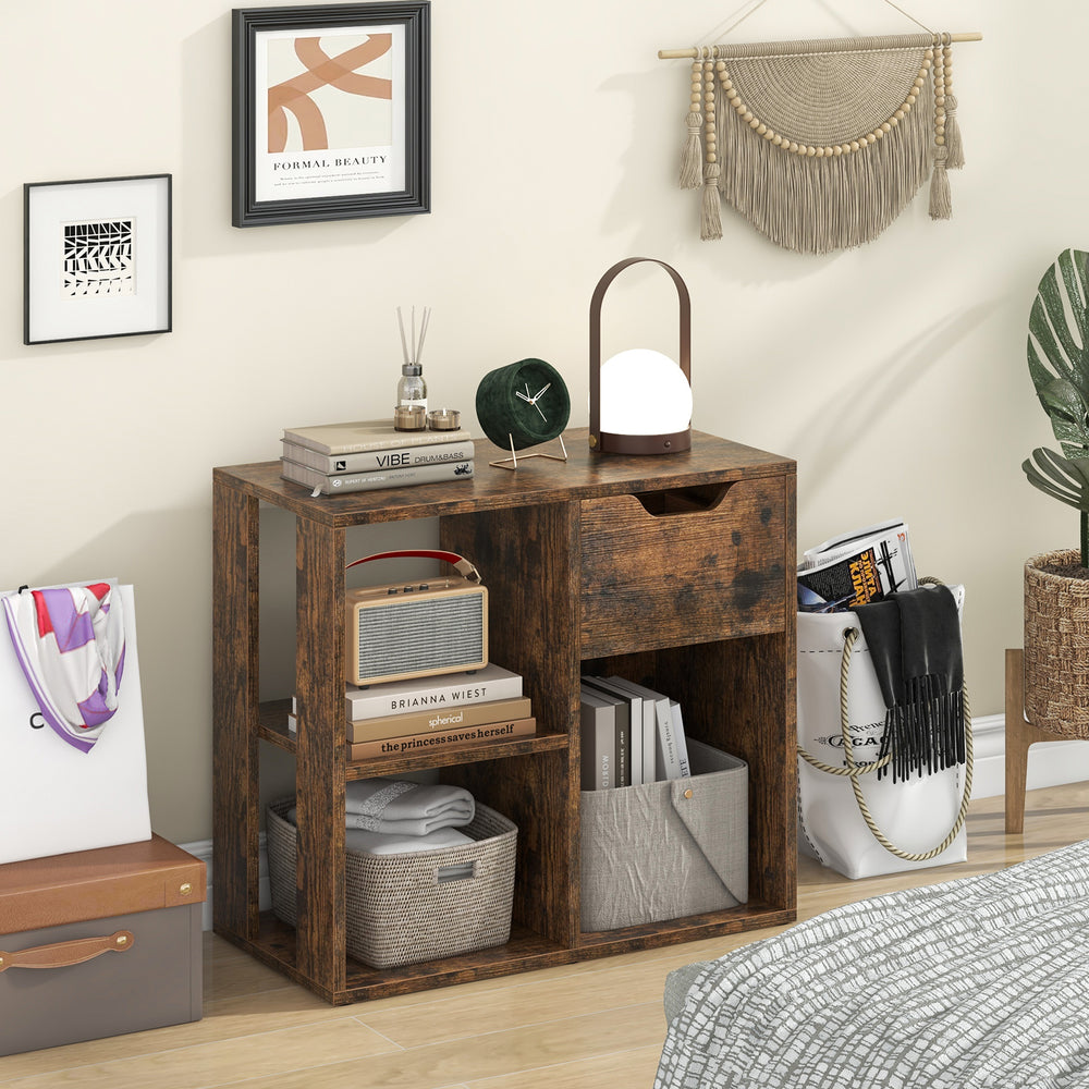 3-Cube Bookcase 2-tier Wooden Storage Shelf with Pull-out Drawer-Brown - Gallery View 1 of 10