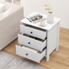 White 3-drawer wooden nightstand with a wide tabletop and smooth metal slides, ideal for bedroom or living room use.