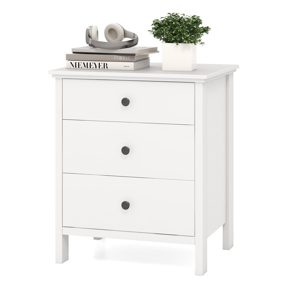 White 3-drawer wooden nightstand showcasing a wide tabletop, perfect for bedside essentials in any room.
