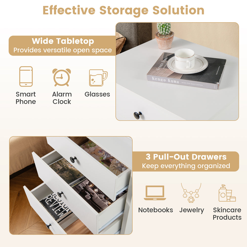3-drawer white wooden nightstand with wide tabletop and pull-out drawers, ideal for bedroom or living room organization.