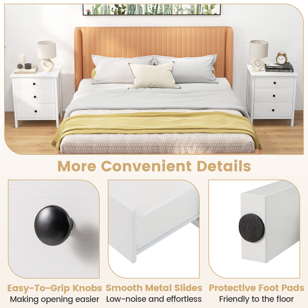 3-drawer wooden nightstand in white with easy-to-grip knobs and smooth metal slides, ideal for bedroom organization.