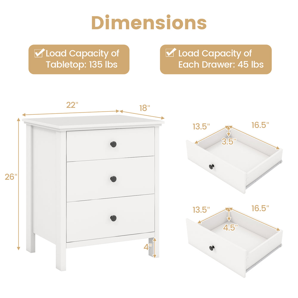 3-drawer white wooden nightstand with dimensions, featuring a wide tabletop and smooth metal slides for easy access.