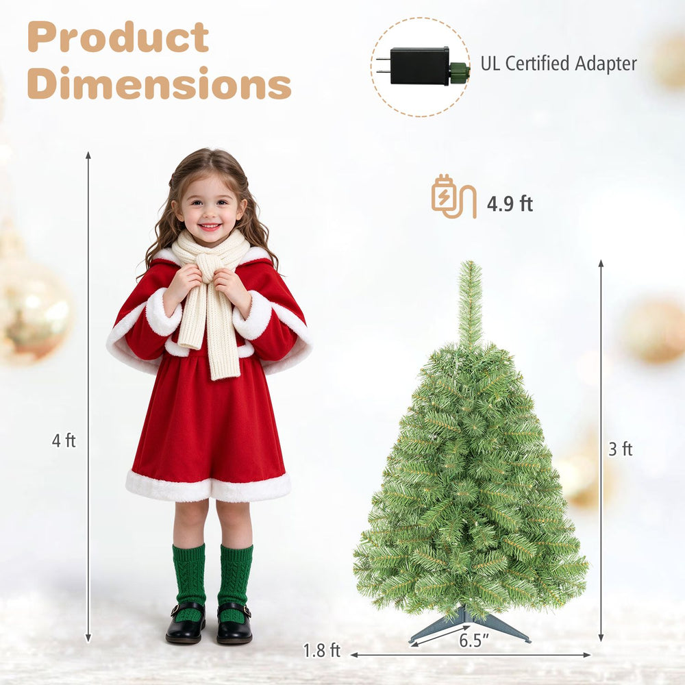 Dimensions of the 3 ft pre-lit artificial mini Christmas tree show its perfect fit for tabletops and small holiday displays.