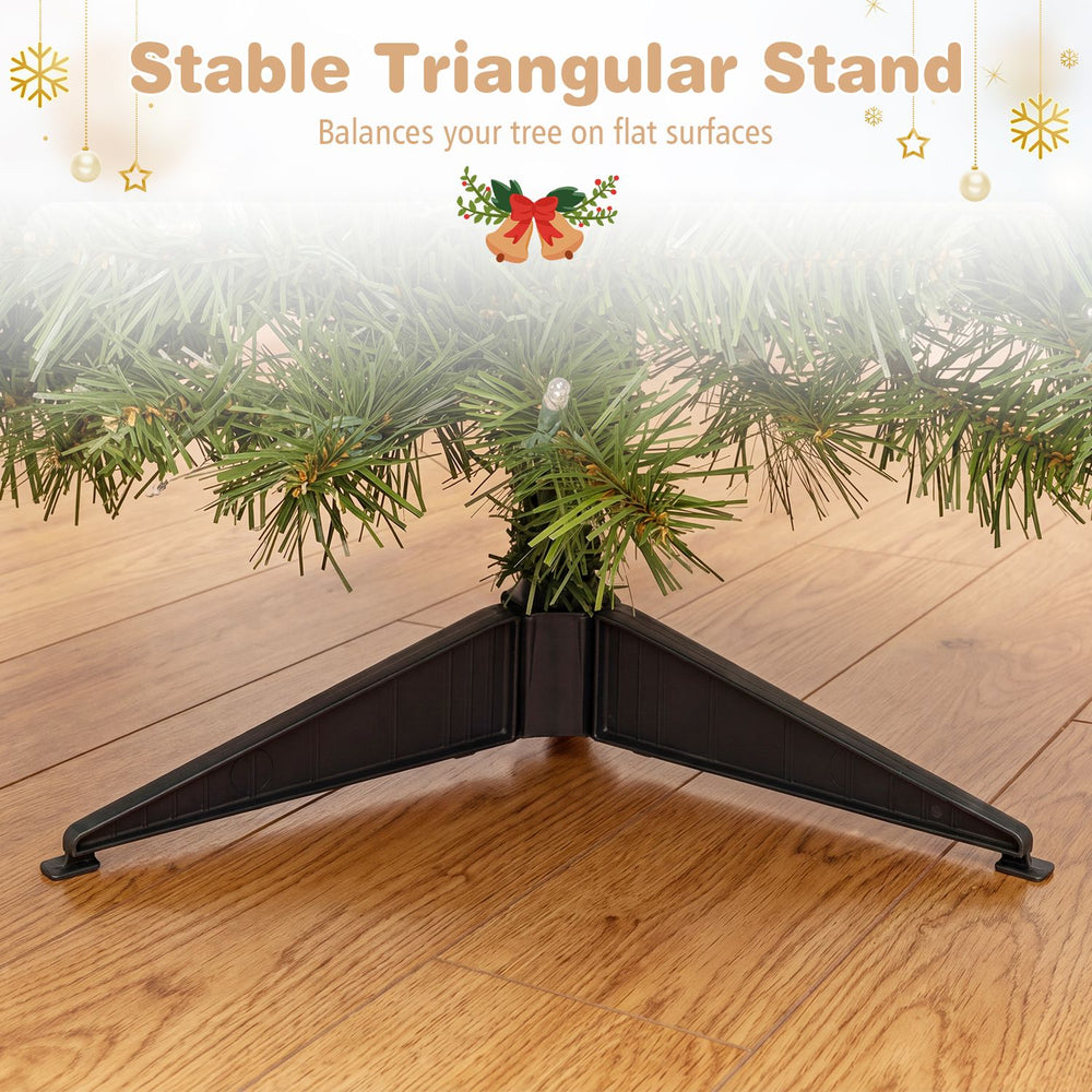 Stable triangular stand supports the 3 ft pre-lit artificial Christmas tree with 100 warm white LED lights for festive charm.