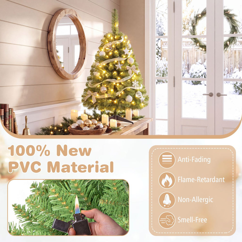 3 ft pre-lit artificial mini Christmas tree made of 100% PVC with 100 warm white LED lights for festive charm in small spaces.