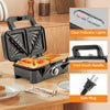 3-in-1 sandwich maker with removable non-stick plates, cool-touch handle, and indicator lights for versatile cooking.