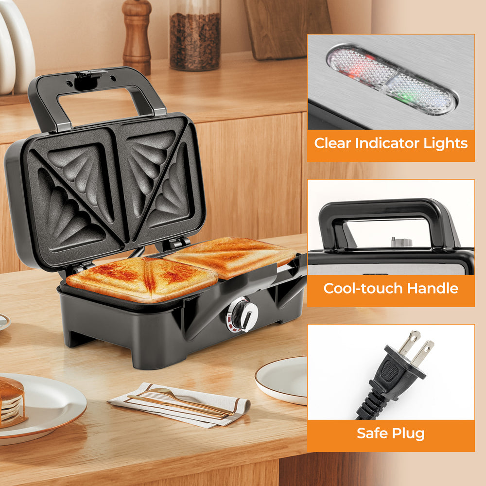 3-in-1 sandwich maker with removable non-stick plates, cool-touch handle, and indicator lights for versatile cooking.