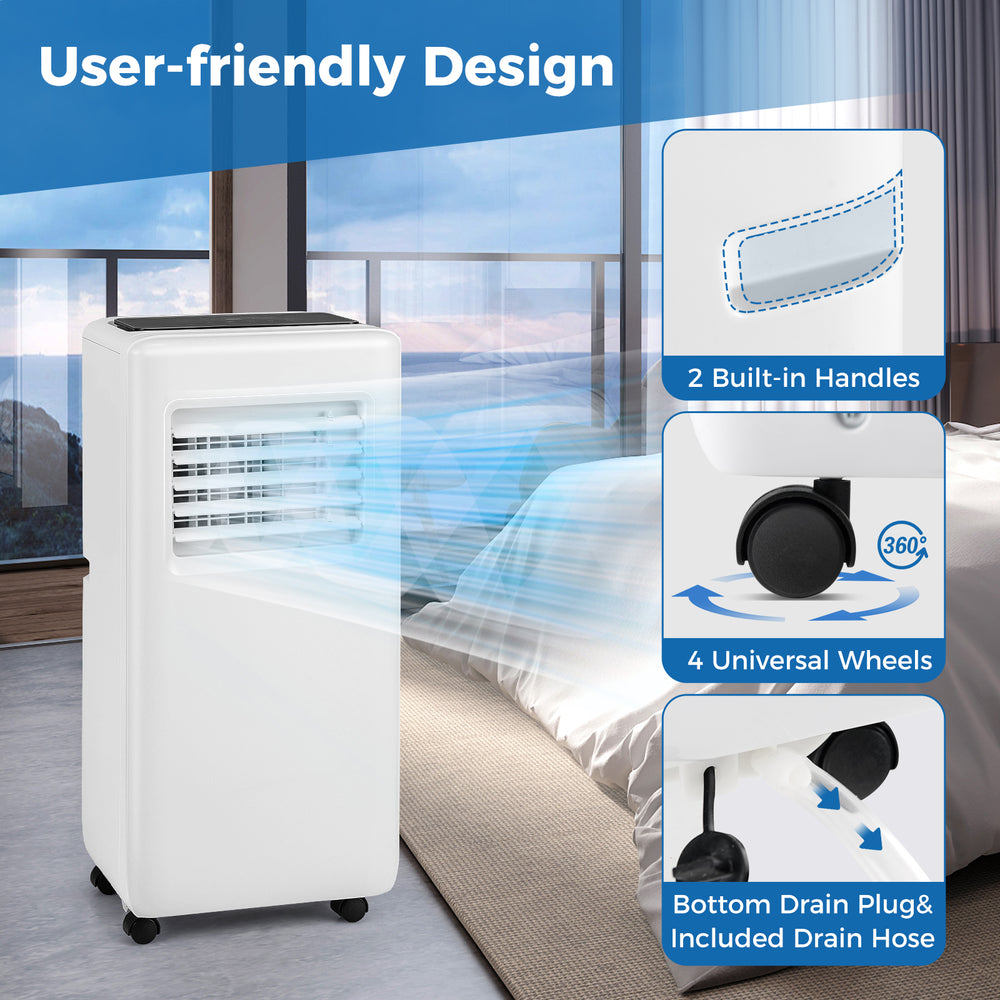 Portable 8000 BTU air conditioner with remote control, featuring 4 wheels, 2 handles, and sleek design for easy.